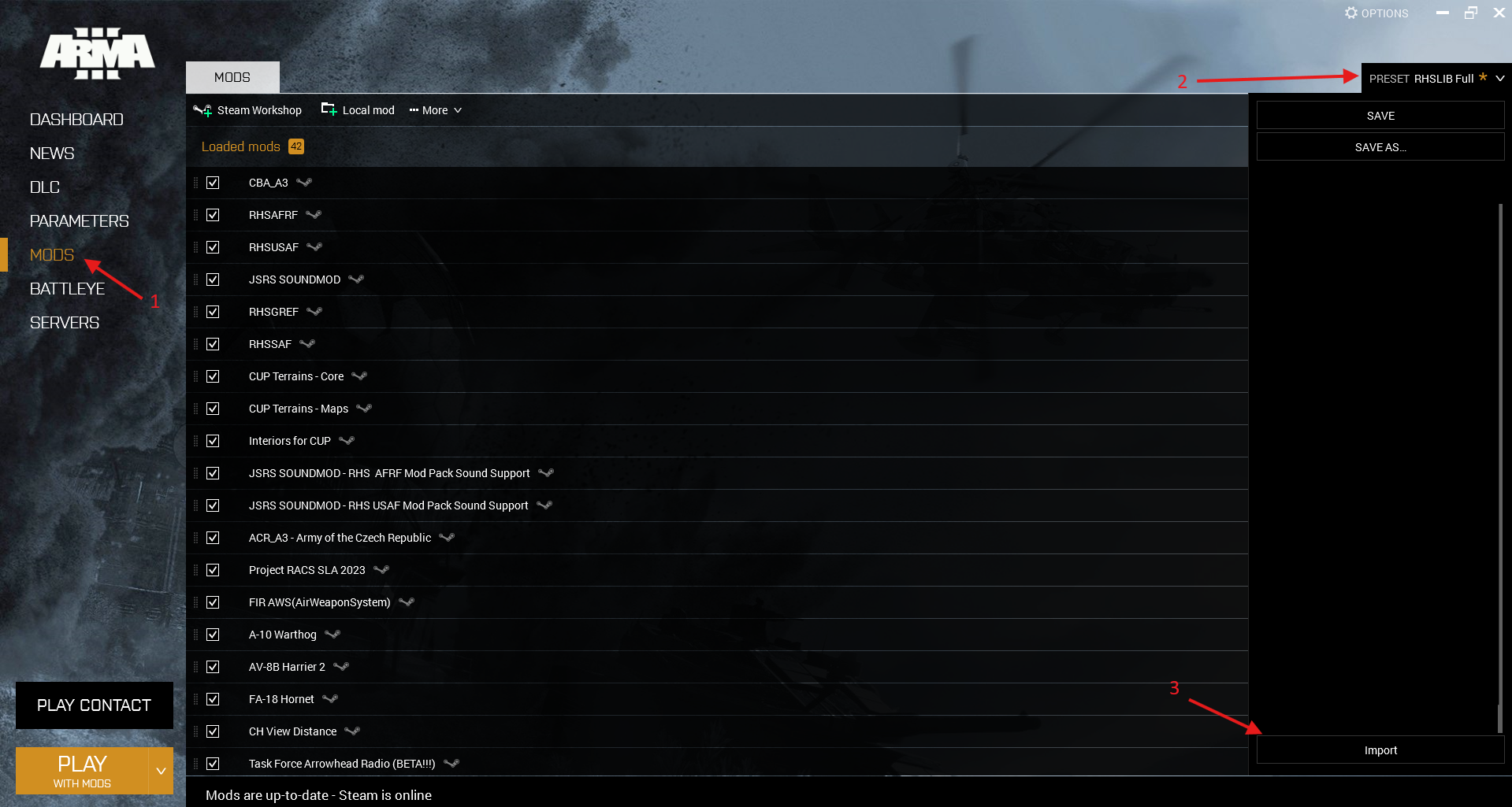 Modpack import button location in Arma 3 launcher