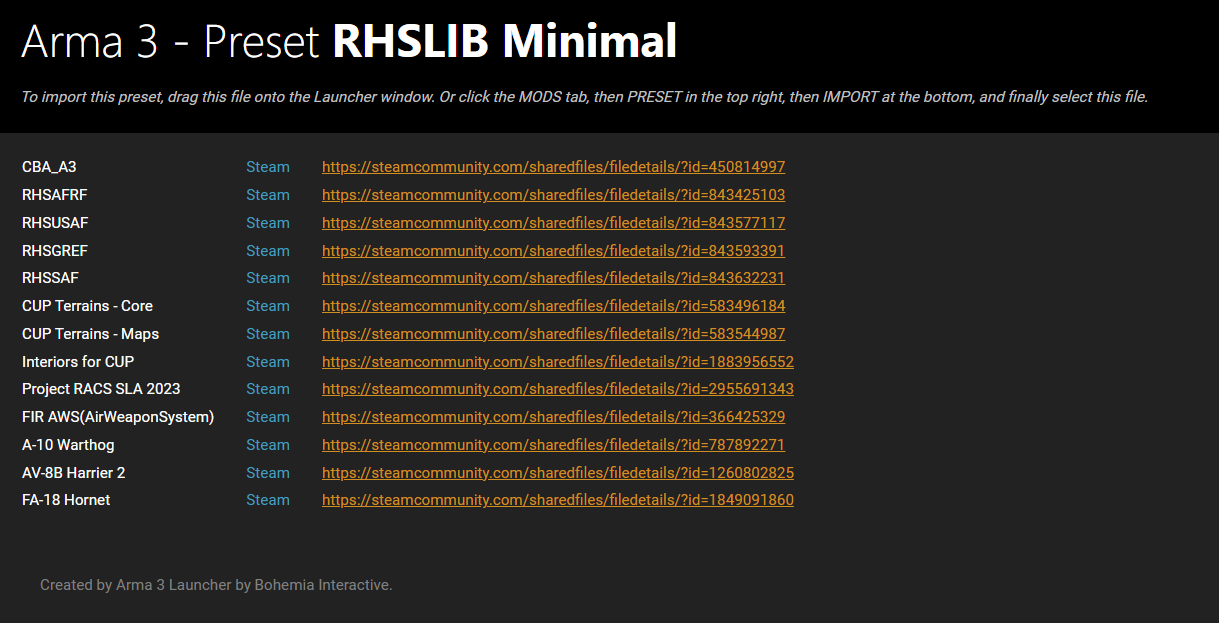 Modpack HTML file rendered in a web browser